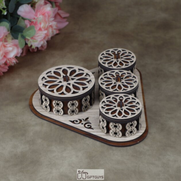 Premium Handcrafted Wooden MDF Dry Fruit Box - 4-Container Laser-Cut Decorative Serving Tray & Organizer