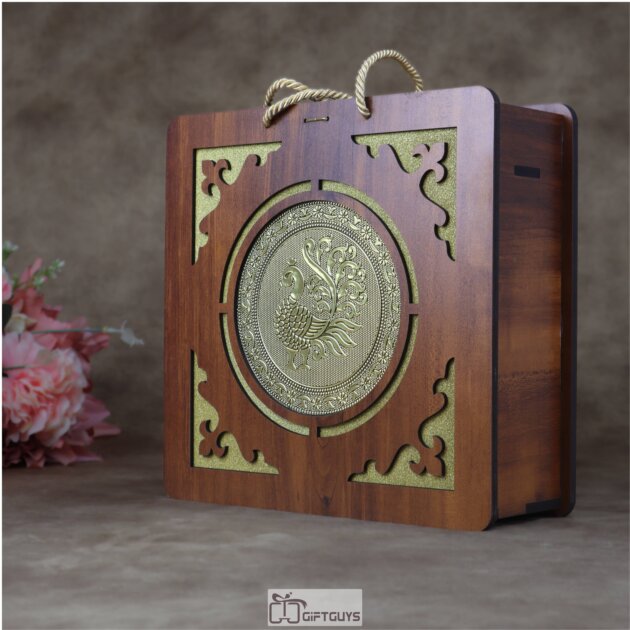 Premium Handcrafted Wooden Gift Box with 4 Oxidized Glass Jars – Designer Peacock Motif Luxury Serving & Storage Set