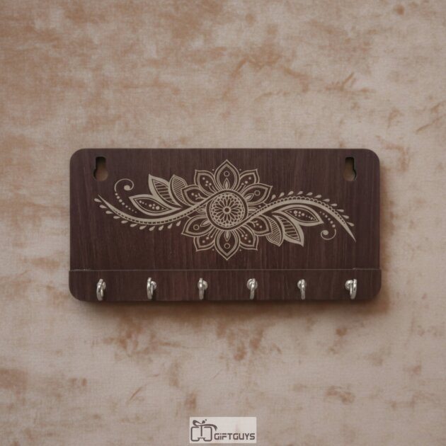Premium Laser-Engraved Wooden MDF Key Holder for Wall - Floral Mandala Design Decorative Key Hanger