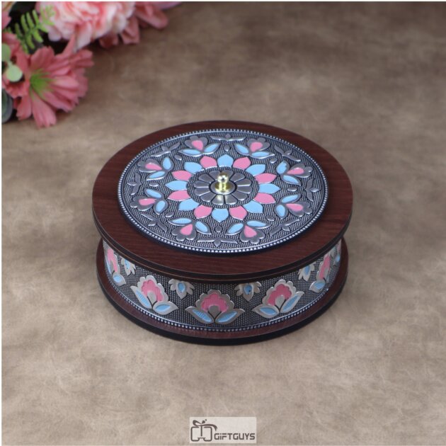 Premium Handcrafted Circular Wooden MDF Utility Box - Meenakari Inspired Decorative Storage Case (6 x 2 Inch)