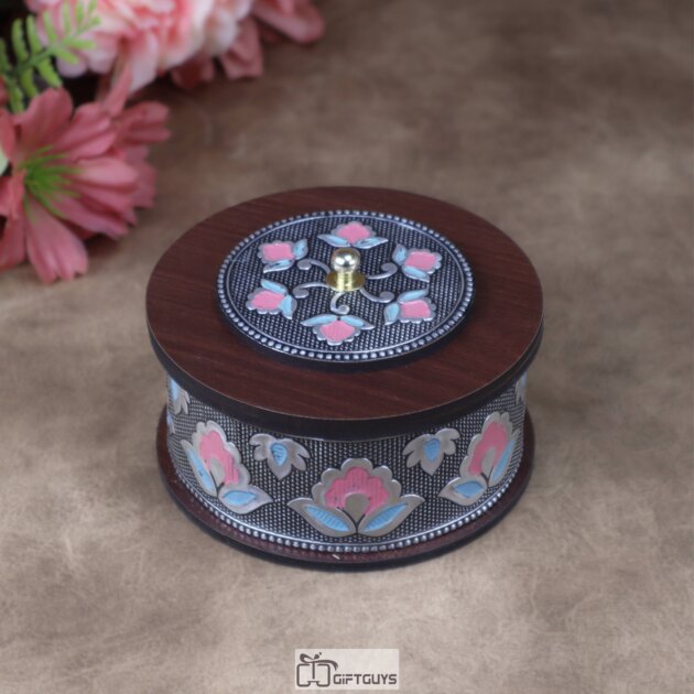 Premium Handcrafted Circular Wooden MDF Utility Box - Enameled Floral Meenakari Design Decorative Keepsake Case (4 x 2 Inch)