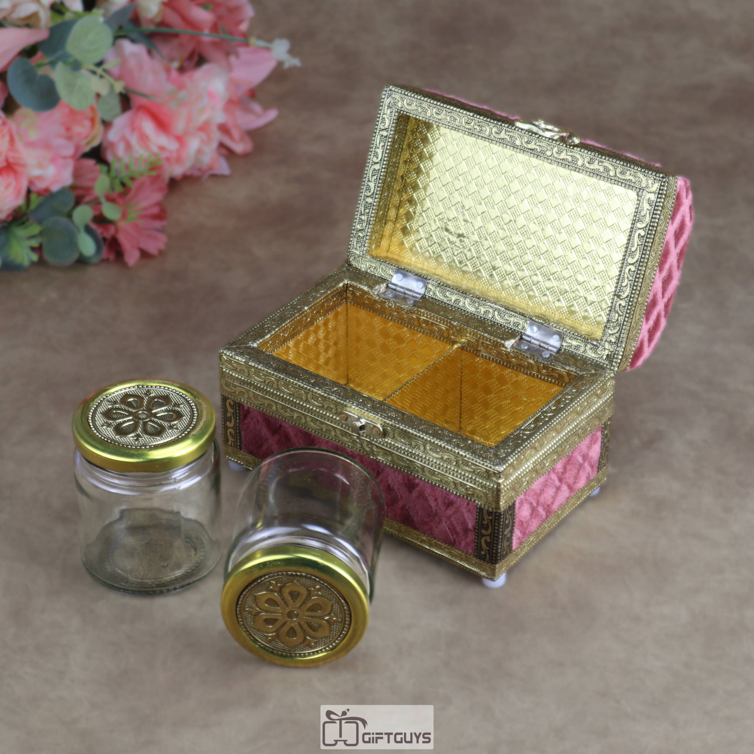 Premium Velvet-Finished Wooden Gift Box with 2 Oxidized Glass Jars – Traditional Dry Fruit & Mouth Freshener Storage Case - Image 2