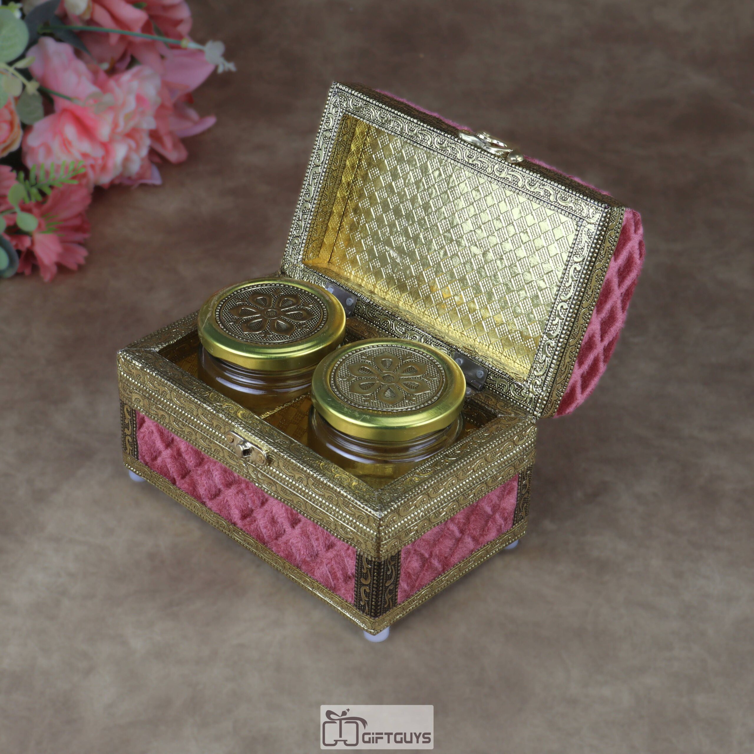 Premium Velvet-Finished Wooden Gift Box with 2 Oxidized Glass Jars – Traditional Dry Fruit & Mouth Freshener Storage Case - Image 5