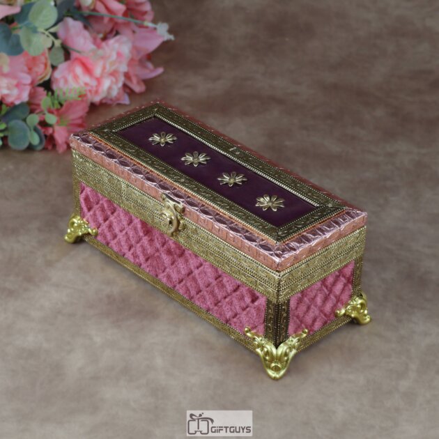 Premium Velvet-Finished Wooden Gift Box with 3 Oxidized Glass Jars – Traditional Designer Dry Fruit & Mouth Freshener Storage Trunk