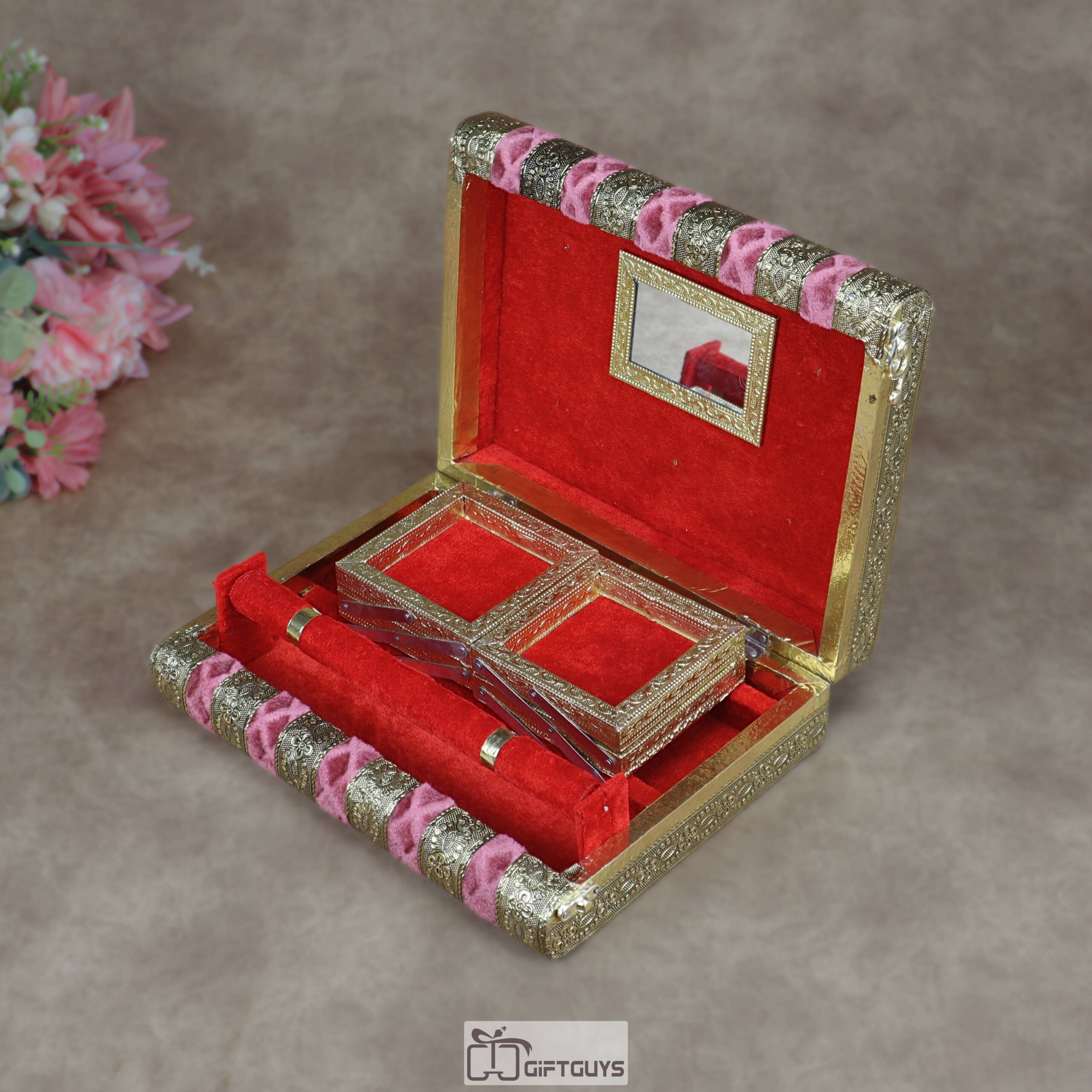 Premium Velvet-Finished Wooden Jewelry Organizer – Multi-Tiered Traditional Vanity Box with Mirror and Bangles Rod - Image 5