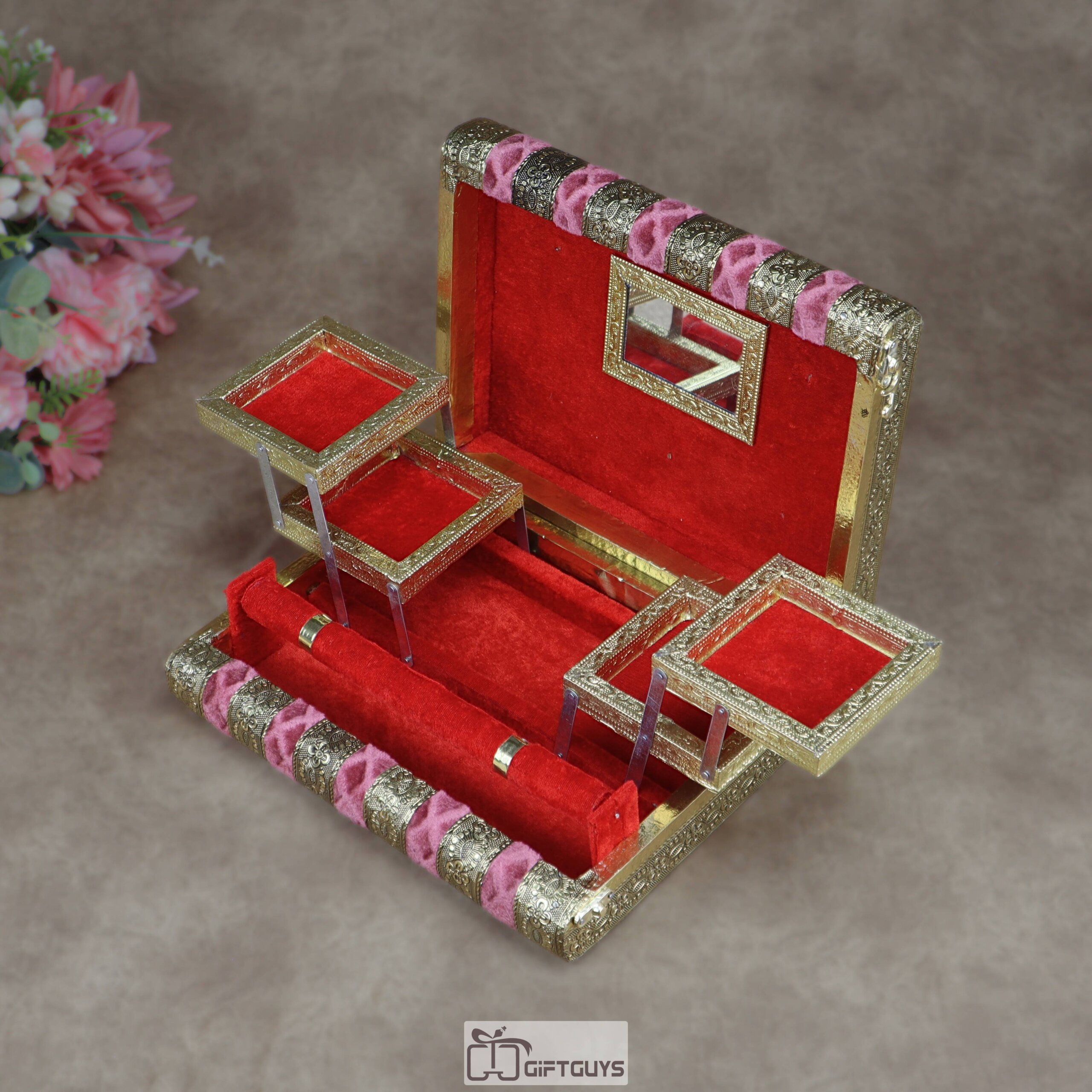 Premium Velvet-Finished Wooden Jewelry Organizer – Multi-Tiered Traditional Vanity Box with Mirror and Bangles Rod - Image 2