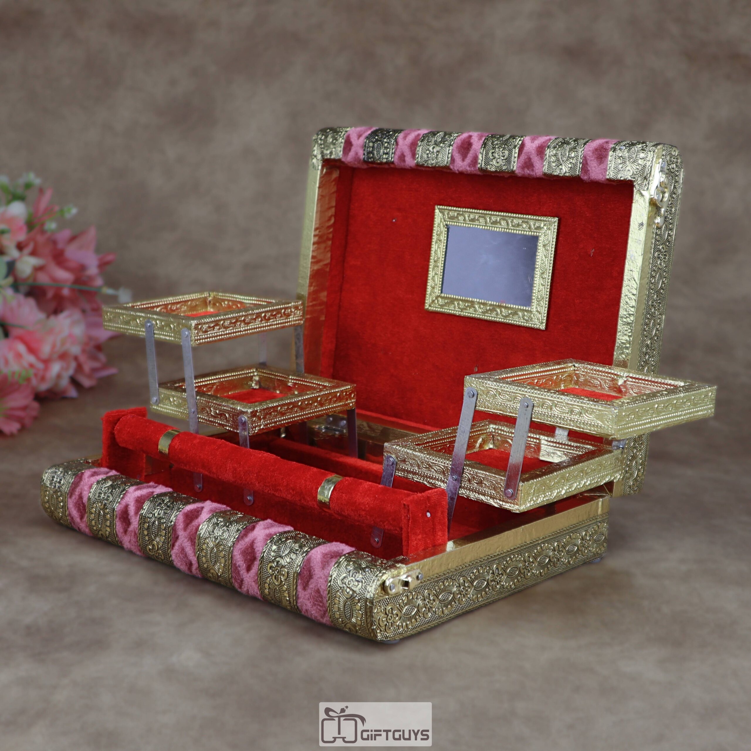 Premium Velvet-Finished Wooden Jewelry Organizer – Multi-Tiered Traditional Vanity Box with Mirror and Bangles Rod - Image 6