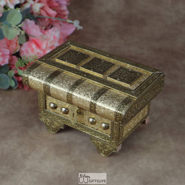 Handcrafted Golden Oxidized Wooden Jewelry Box – Traditional Antique Style Velvet Lined Sandook with Removable Tray and Mirror