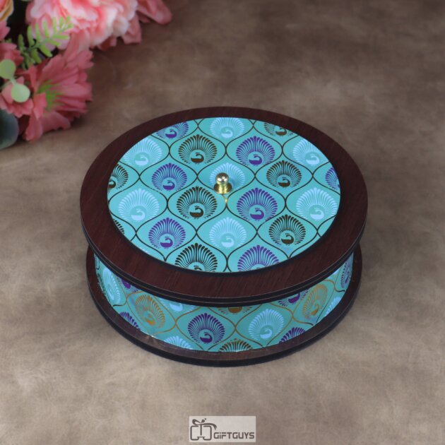 6x2 Inch Round MDF Pichwai Design Box – Decorative Peacock Print Wooden Utility Container for Dry Fruits and Jewelry