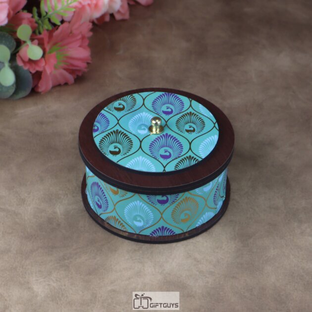 4x2 Inch Small Round MDF Pichwai Design Box – Decorative Peacock Print Mini Wooden Container for Jewelry and Mukhwas