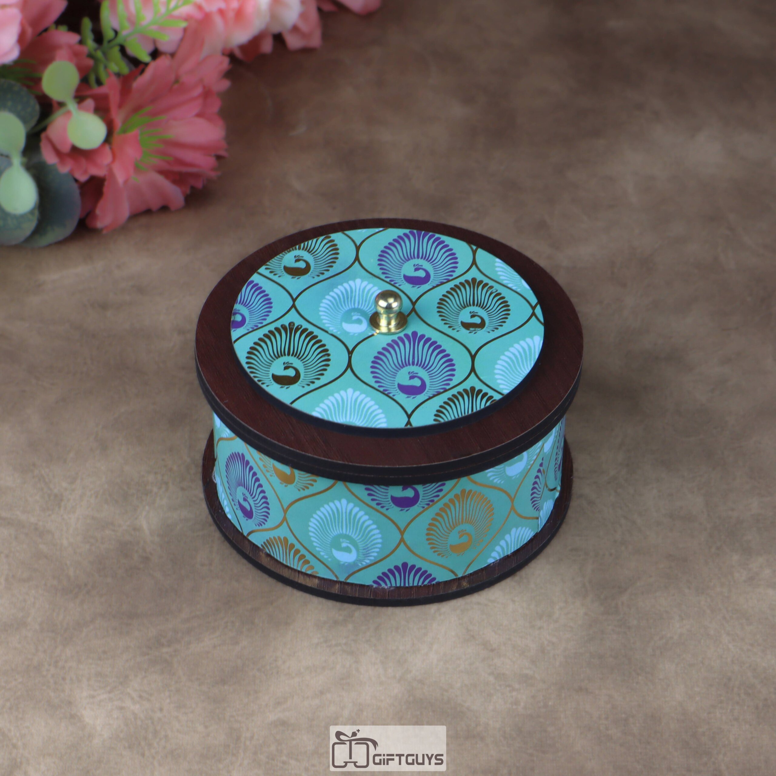 4x2 Inch Small Round MDF Pichwai Design Box – Decorative Peacock Print Mini Wooden Container for Jewelry and Mukhwas