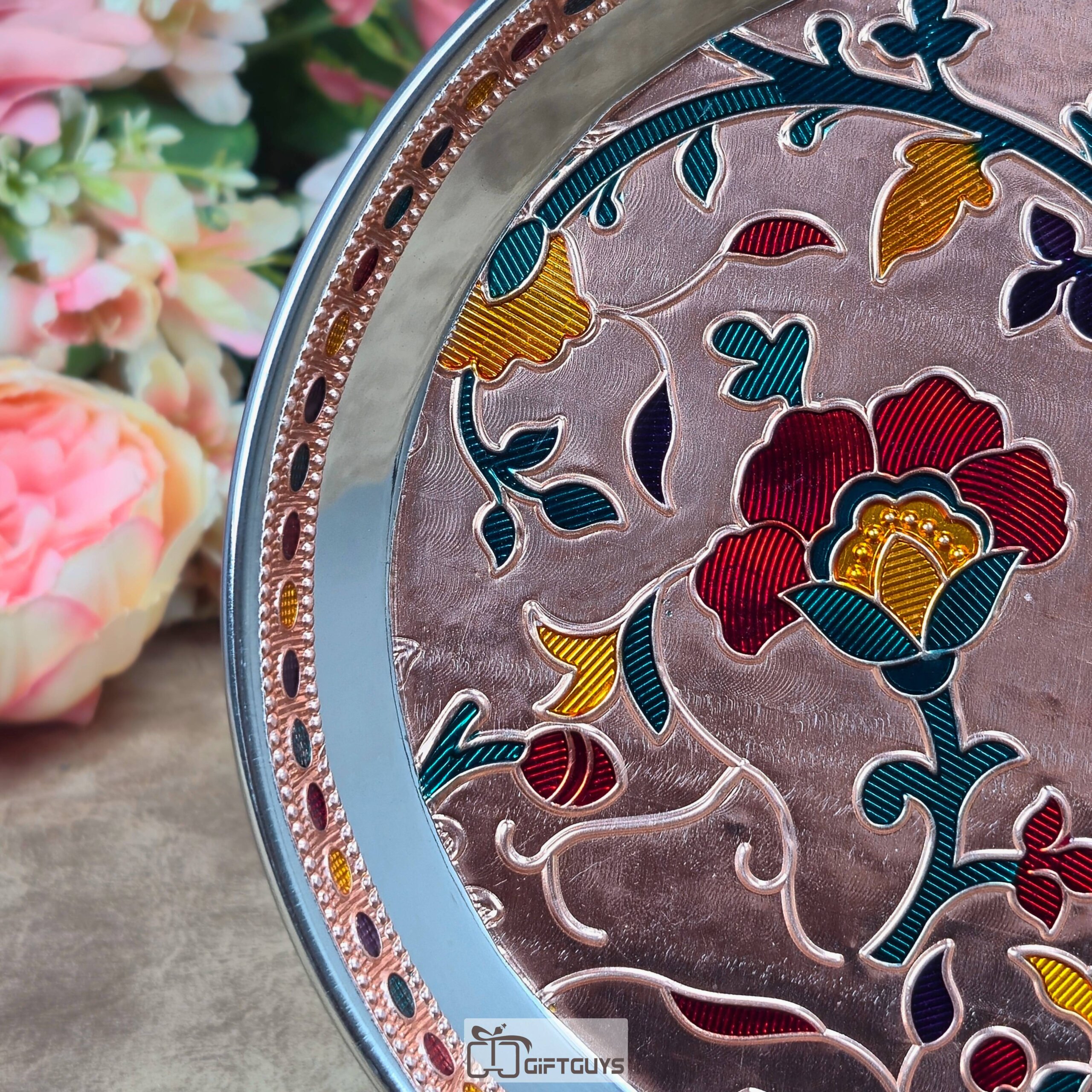 Premium 7-Inch Handcrafted Meenakari Stainless Steel Plate – Decorative Floral Serving Thali in Gold & Copper Finish for Gifting and Home Decor - Image 4