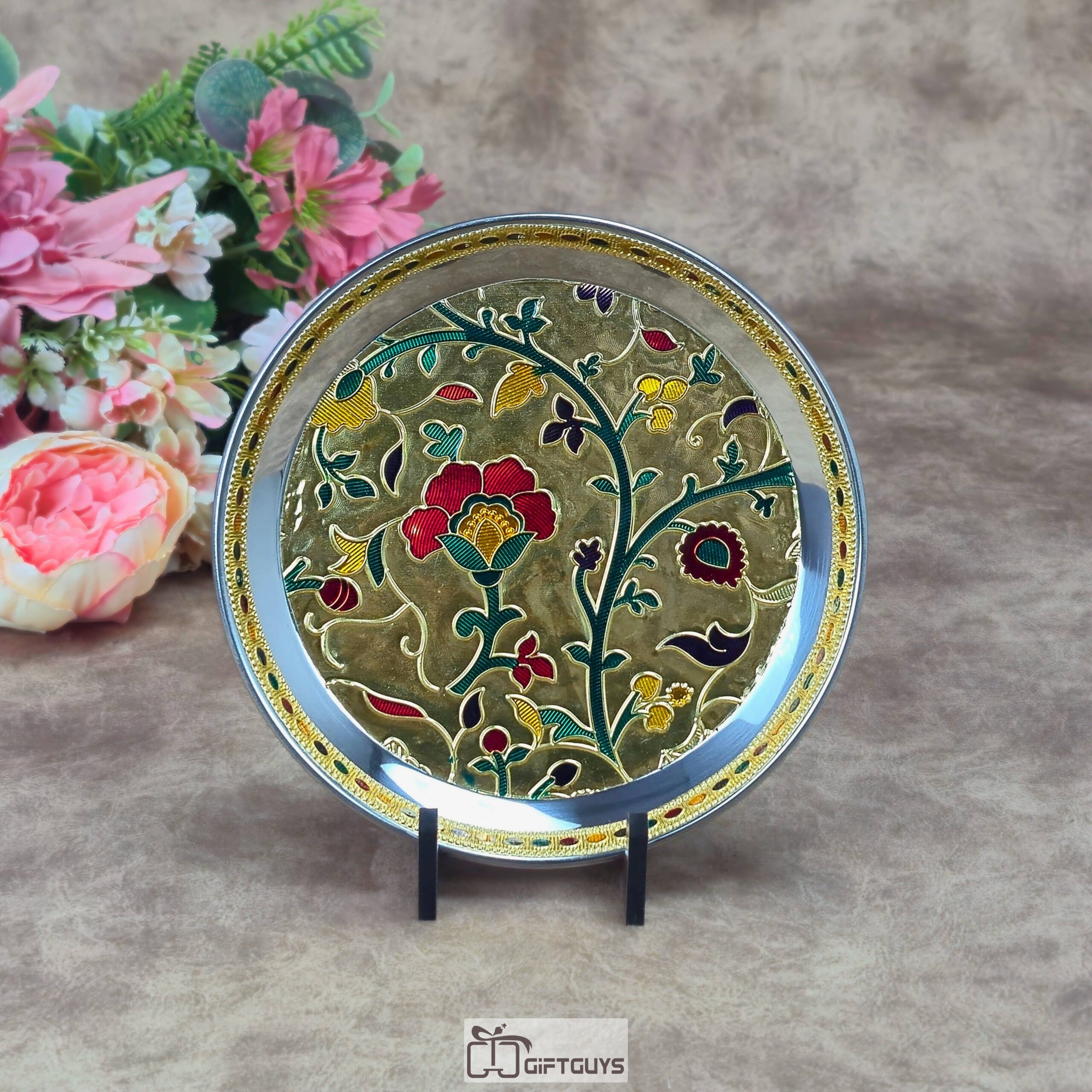 Premium 7-Inch Handcrafted Meenakari Stainless Steel Plate – Decorative Floral Serving Thali in Gold & Copper Finish for Gifting and Home Decor - Image 6