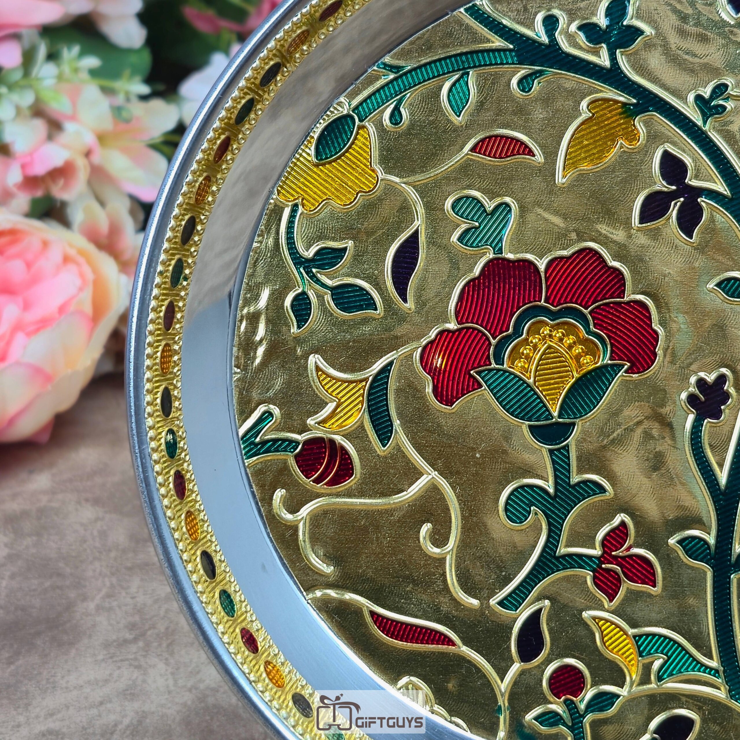 Premium 7-Inch Handcrafted Meenakari Stainless Steel Plate – Decorative Floral Serving Thali in Gold & Copper Finish for Gifting and Home Decor - Image 8