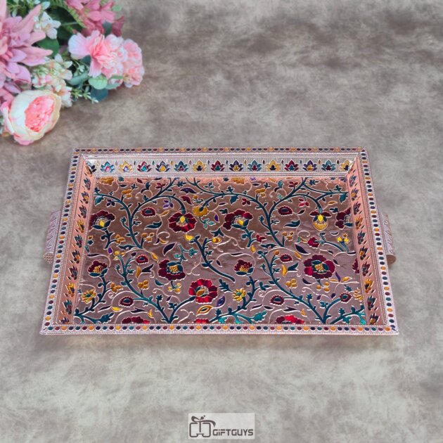 Premium 17x12 Inch Handcrafted Wooden Meenakari Serving Tray – Large Decorative Floral Platter with Handles for Corporate Gifting & Luxury Hospitality