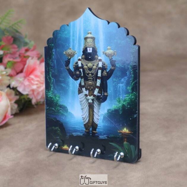 Divine Lord Venkateswara 5.5 x 7.5 Inch Wooden Key Holder – Handcrafted Tirupati Balaji 4-Hook Wall Mounted Key Hanger for Home Decor & Spiritual Gifting