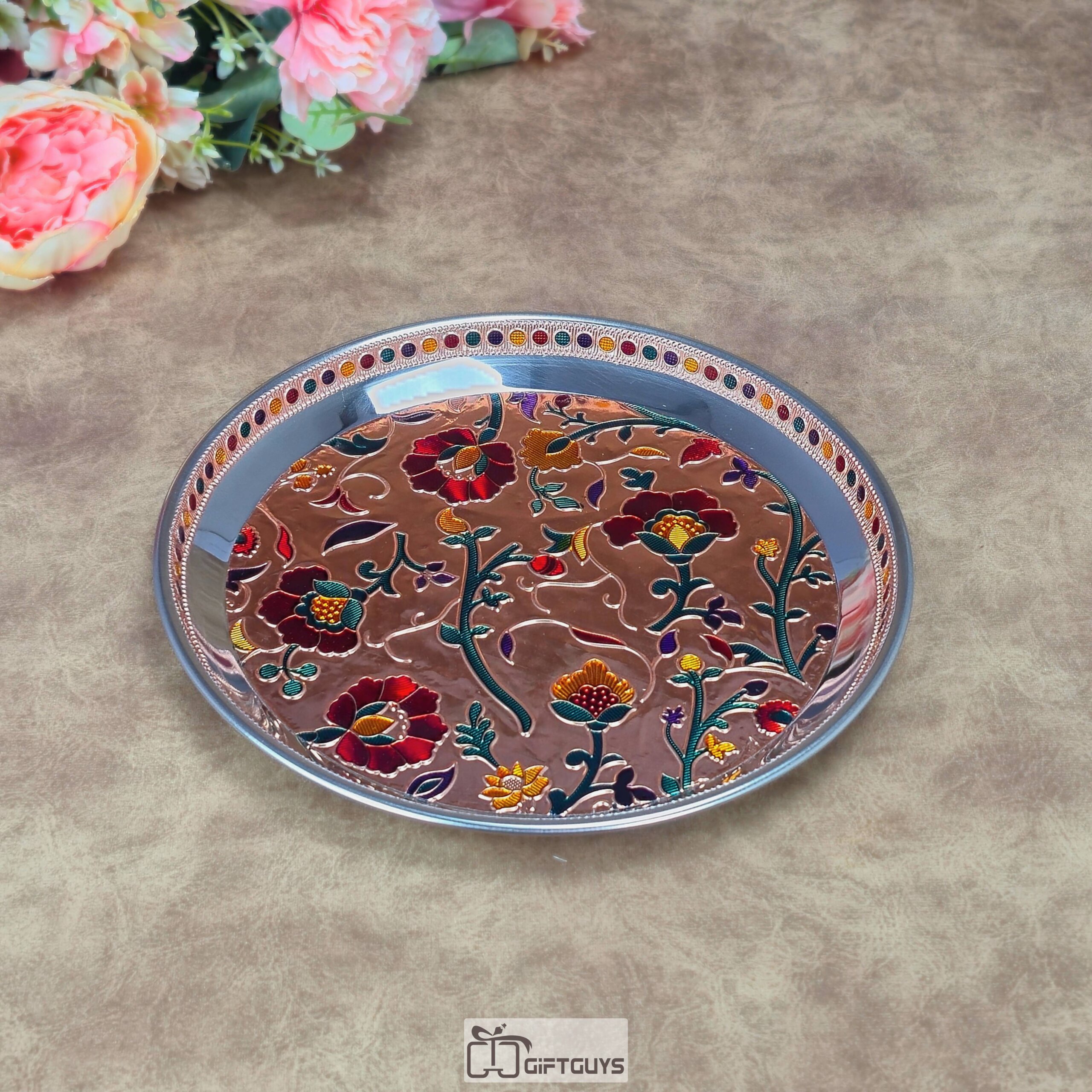 Premium 9-Inch Handcrafted Meenakari Stainless Steel Plate – Decorative Floral Serving Thali in Gold & Copper Finish for Gifting and Home Decor - Image 5