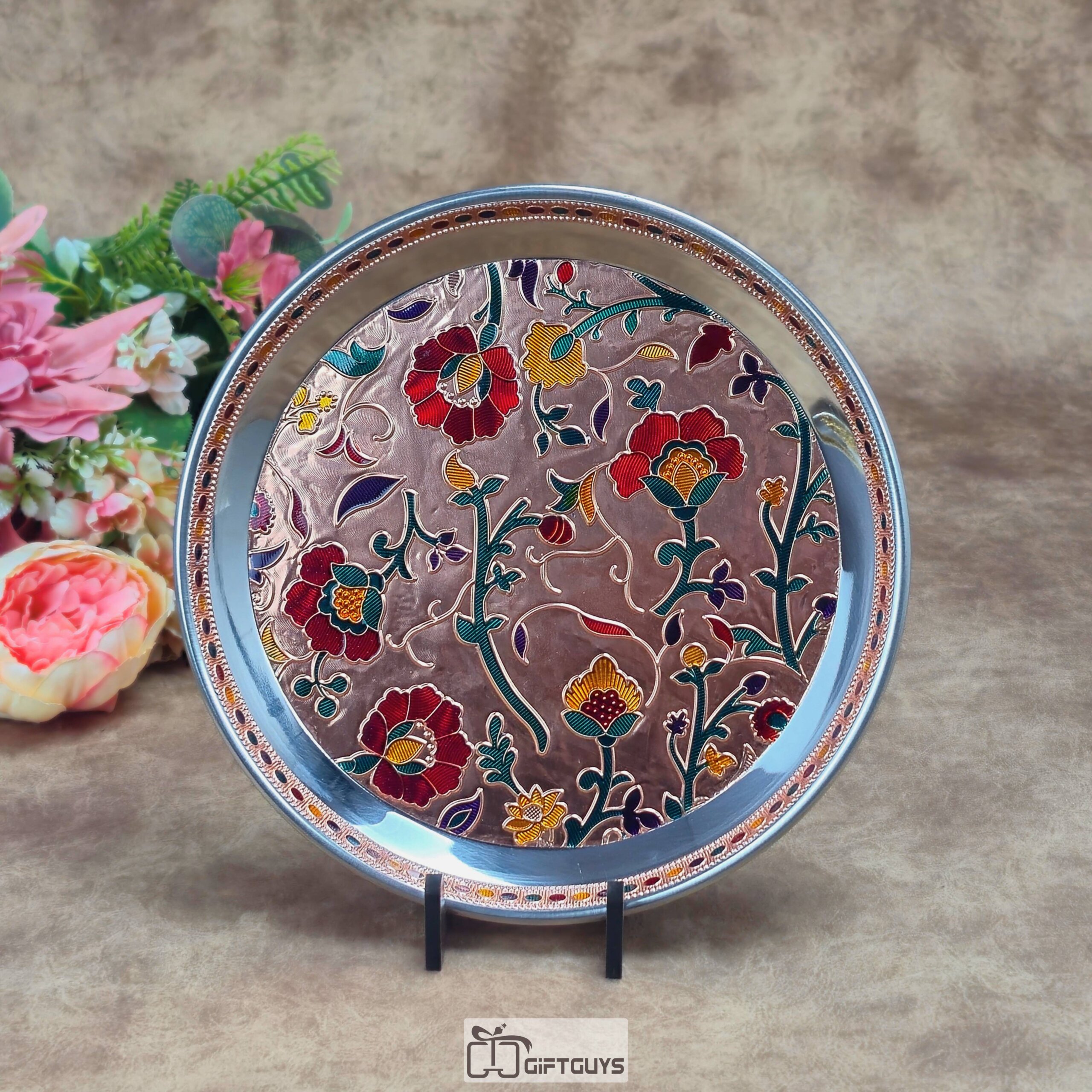 Premium 9-Inch Handcrafted Meenakari Stainless Steel Plate – Decorative Floral Serving Thali in Gold & Copper Finish for Gifting and Home Decor - Image 6