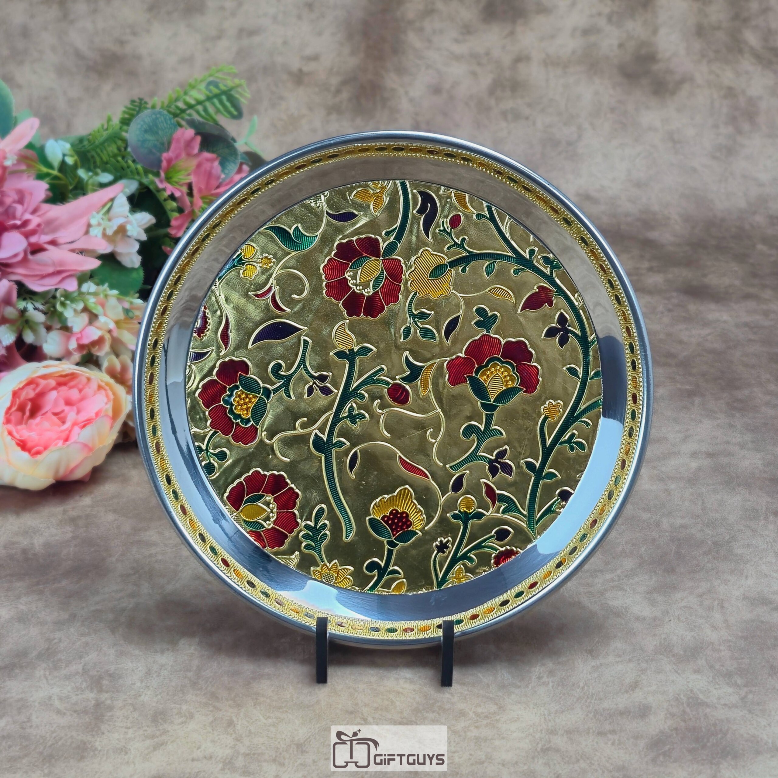 Premium 9-Inch Handcrafted Meenakari Stainless Steel Plate – Decorative Floral Serving Thali in Gold & Copper Finish for Gifting and Home Decor - Image 2