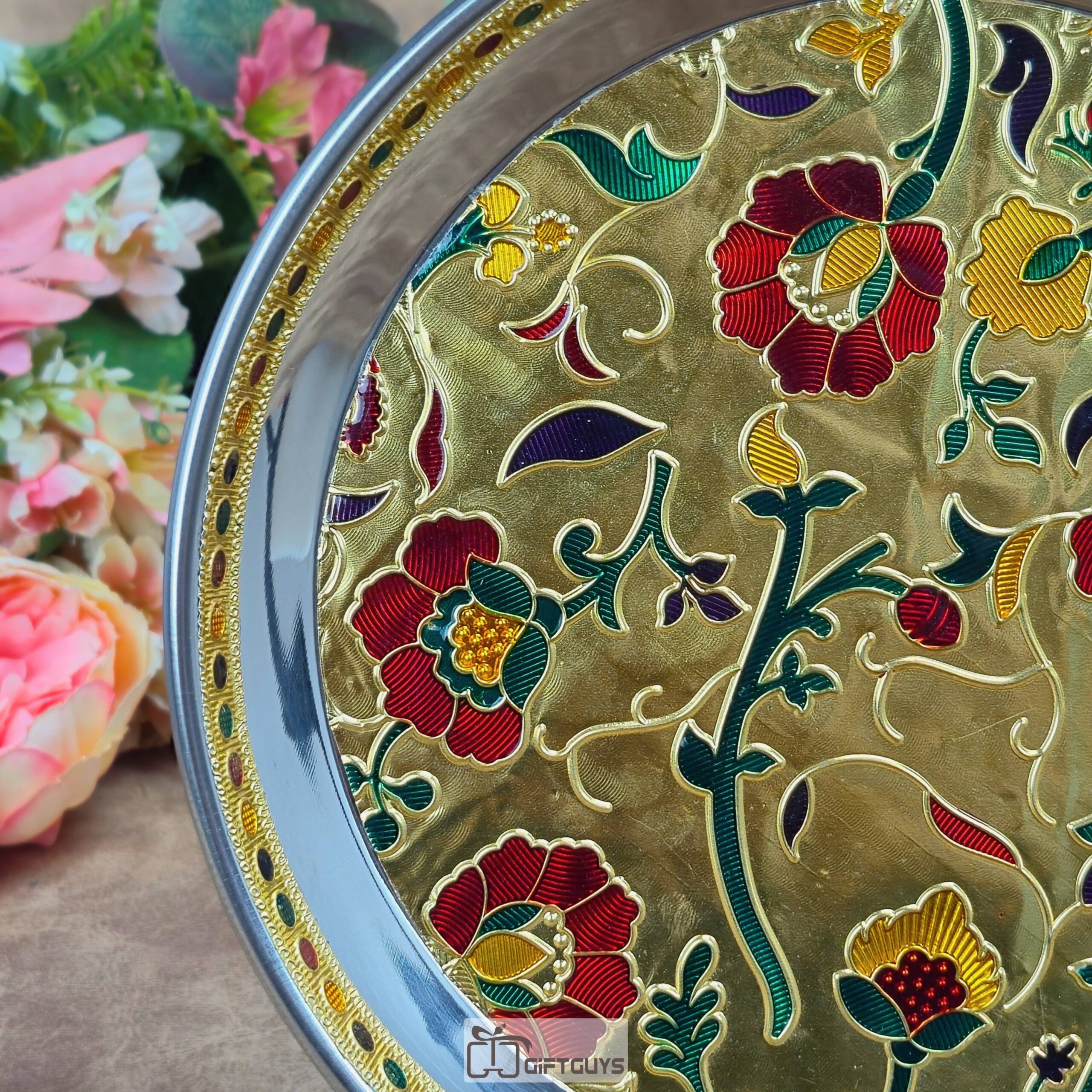 Premium 9-Inch Handcrafted Meenakari Stainless Steel Plate – Decorative Floral Serving Thali in Gold & Copper Finish for Gifting and Home Decor - Image 3
