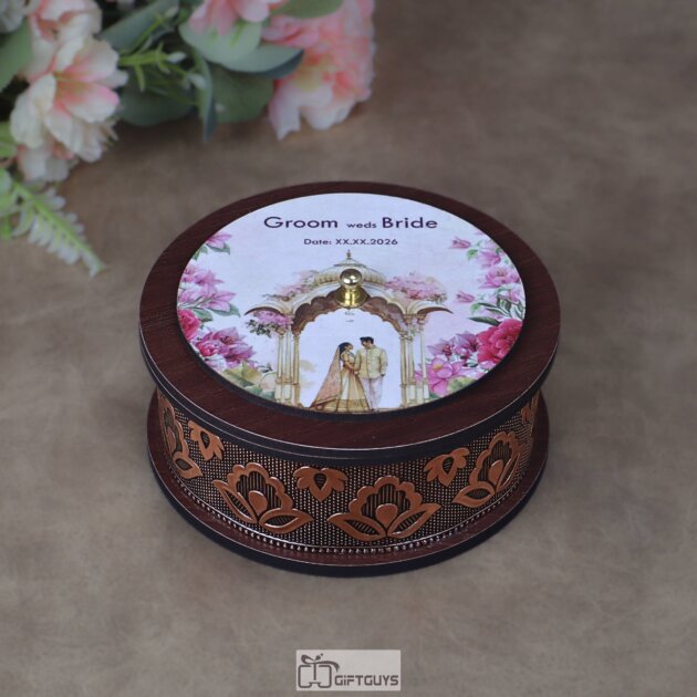 Customized Wedding Favor Wooden Round Box – 5×2 Inch Personalized Bridal Dry Fruit Box with Oxidized Copper Floral Wrap & Custom Couple Print