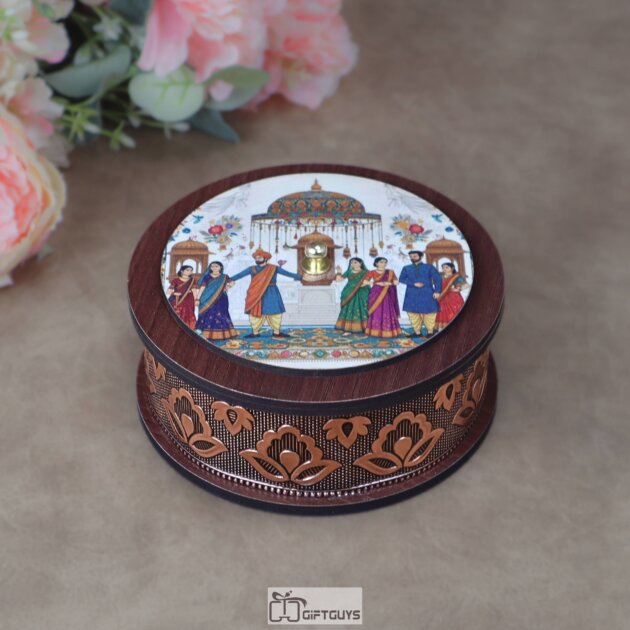 Antique 5x2 Inch Wooden Oxidized Round Gifting Box – Heritage Print Decorative Dry Fruit Platter for Wedding Favors, Engagements & Festive Hamper.