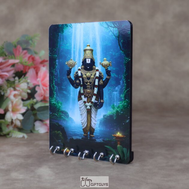 Divine Lord Venkateswara 5.5 x 7.5 Inch Wooden Key Holder – Handcrafted 5-Hook Wall Mounted Tirupati Balaji Key Hanger for Home Decor & Spiritual Gifting