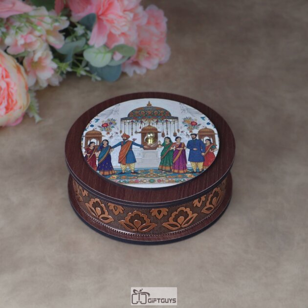 Antique 6x2.25 Inch Wooden Oxidized Round Gifting Box – Heritage Print Decorative Dry Fruit Platter for Wedding Favors, Engagements & Festive Hamper.