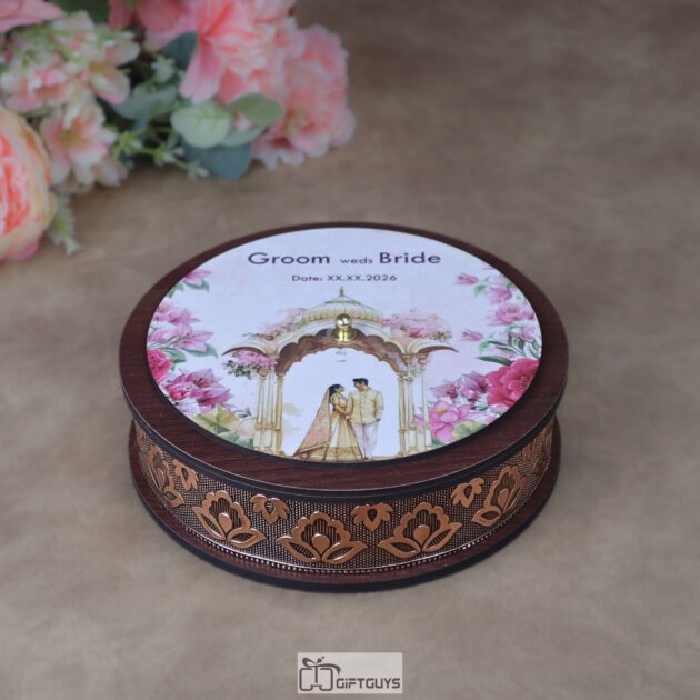 Customized 7x2.25 Inch Wooden Oxidized Wedding Favor Box – Personalized Large Round Dry Fruit Box with Rose-Copper Floral Wrap & Custom Couple Print