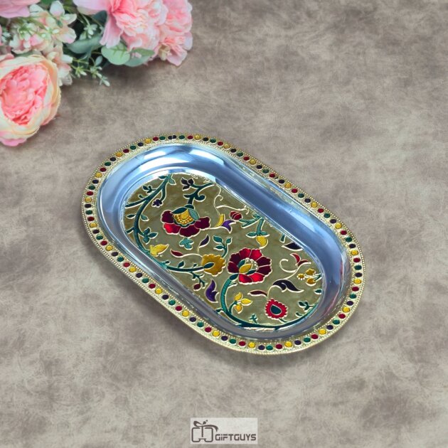 Luxury Meenakari Hand-Painted Stainless Steel Oval Serving Tray – Traditional Floral Decorative Platter for Festive Gifting & Home Decor
