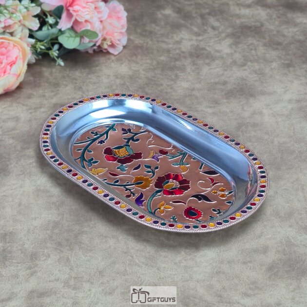 Luxury Meenakari Hand-Painted Stainless Steel Oval Serving Tray – Traditional Floral Decorative Platter for Festive Gifting & Home Decor.