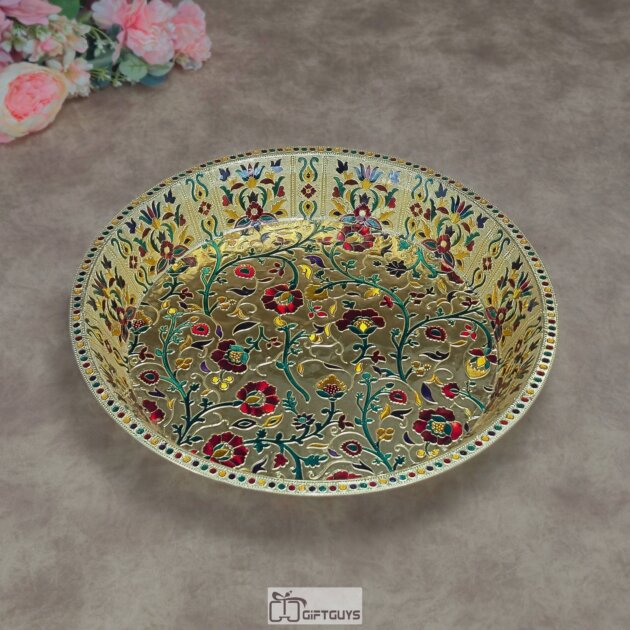 Exquisite Meenakari Hand-Painted Stainless Steel Parat – 16x2.25 Inch Large Decorative Platter for Kitchen, Weddings & Festive Gifting (800g, 2 Color Variants)