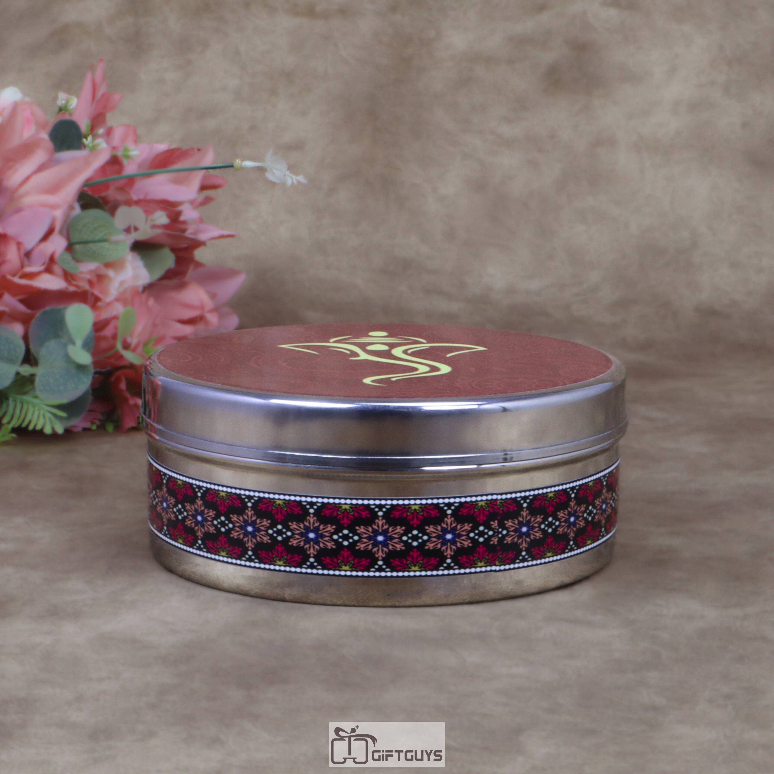 Traditional Ganesha Print Stainless Steel Round Box – 6.5x2.5 Inch Decorative Ethnic Gift Box for Sweets, Dry Fruits & Wedding Favors (320g) - Image 4
