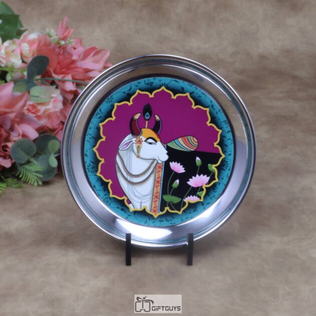 Traditional Kamdhenu Pichwai Print Stainless Steel Plate – 7x1 Inch Decorative Sacred Art Gifting Plate for Sweets & Wedding Favors (130g)