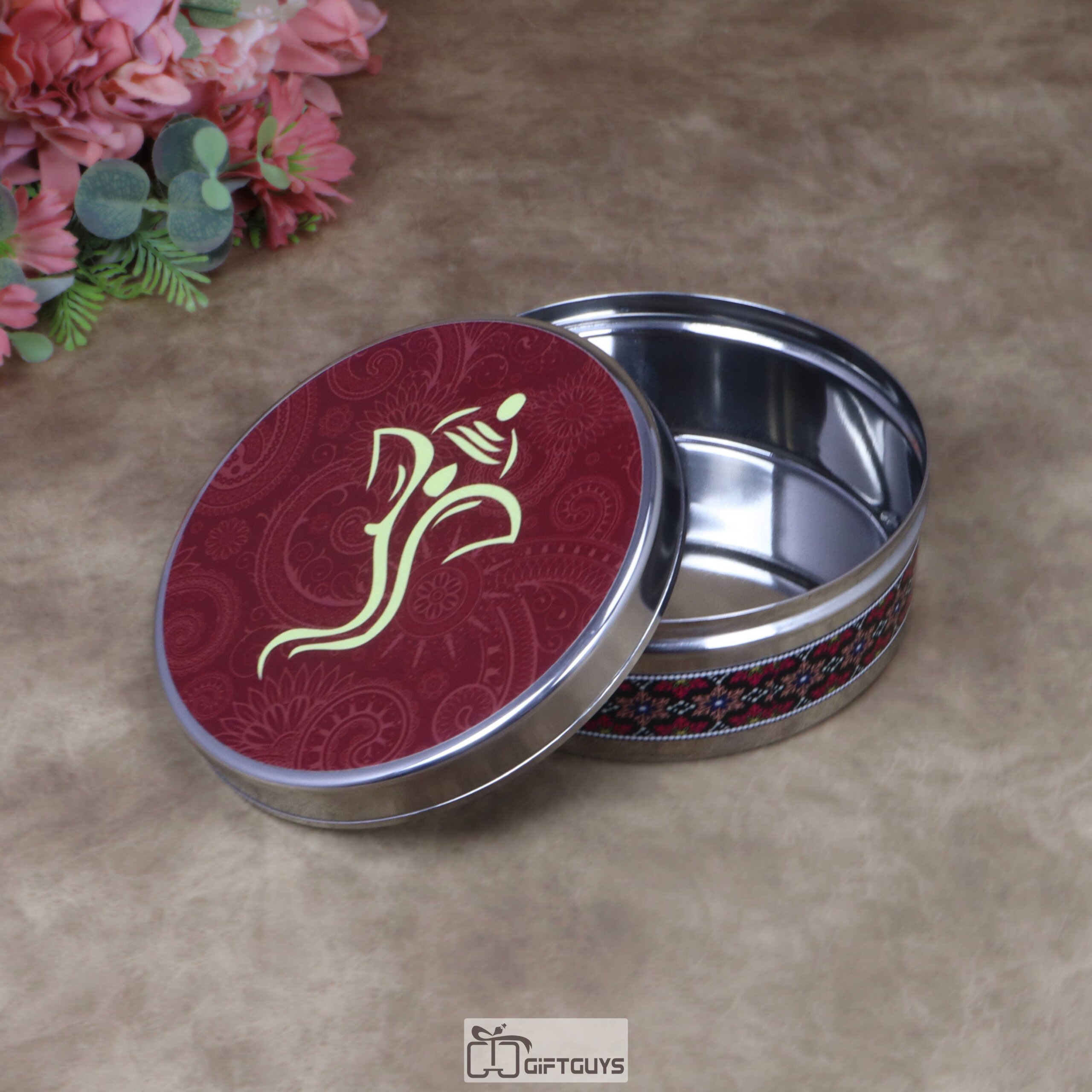Traditional Ganesha Print Stainless Steel Round Box – 6.5x2.5 Inch Decorative Ethnic Gift Box for Sweets, Dry Fruits & Wedding Favors (320g) - Image 3
