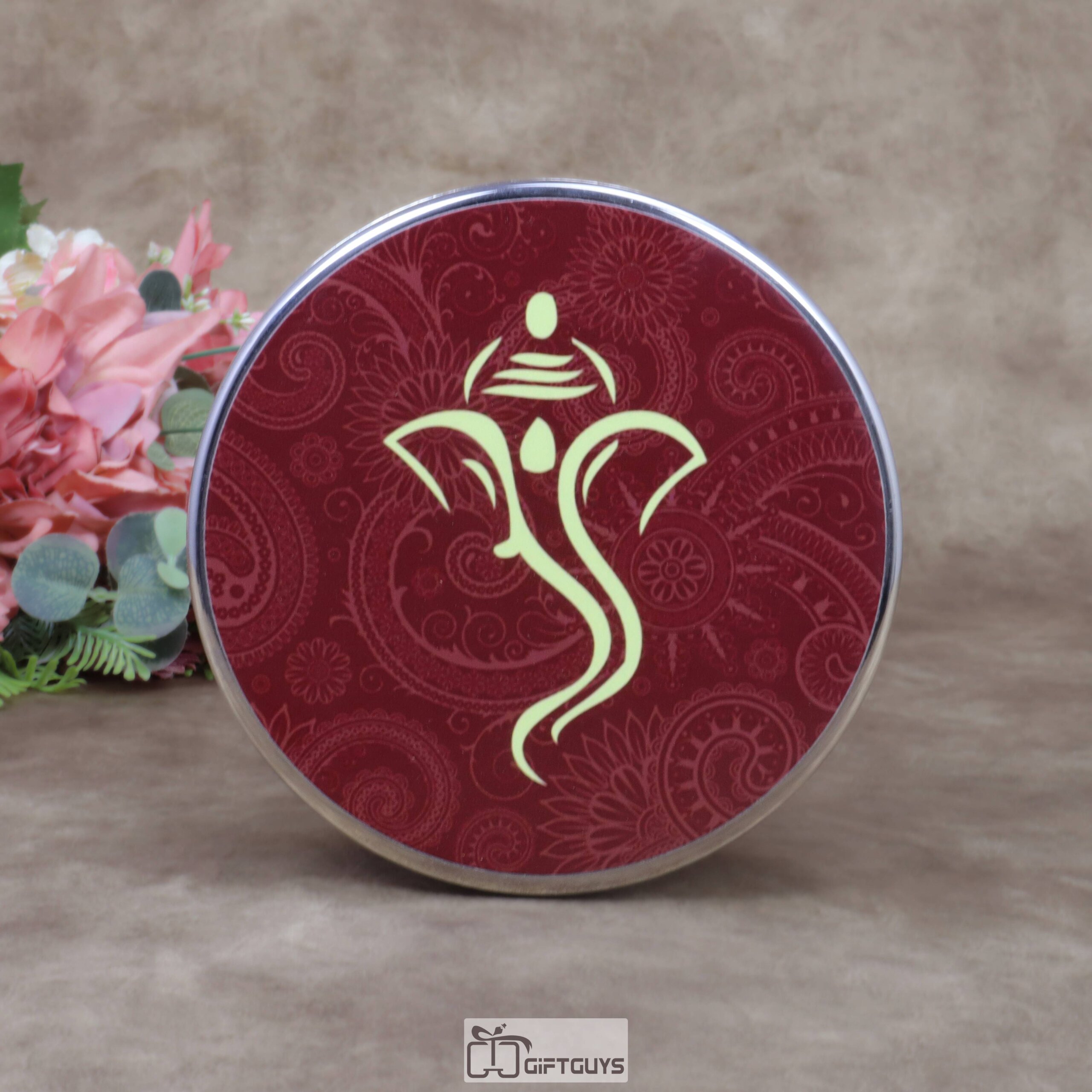 Traditional Ganesha Print Stainless Steel Round Box – 6.5x2.5 Inch Decorative Ethnic Gift Box for Sweets, Dry Fruits & Wedding Favors (320g) - Image 2