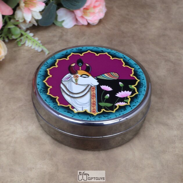 Traditional Pichwai Print Stainless Steel Round Box – 5x1.75 Inch Decorative Sacred Art Gift Box for Sweets, Dry Fruits & Wedding Favors (170g)