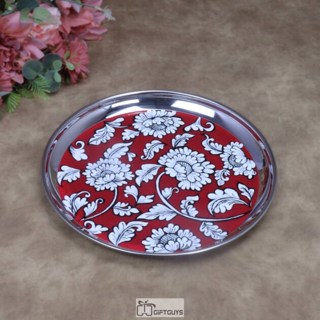 Elegant Crimson Floral Print Stainless Steel Plate – 9x1 Inch Decorative Multi-Purpose Gifting Plate for Sweets, Festive Hampers & Wedding Favors (210g)