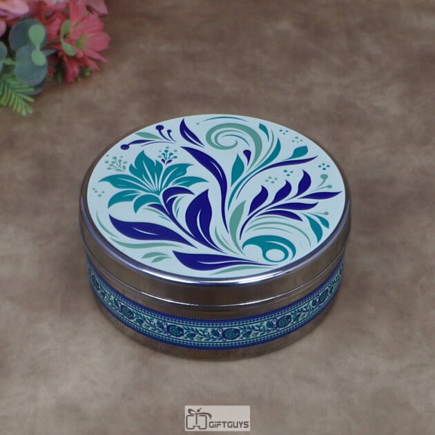 Modern Floral Print Stainless Steel Round Box – 6.5x2.5 Inch Decorative Botanical Gift Box for Sweets, Chocolates & Wedding Favors (320g)