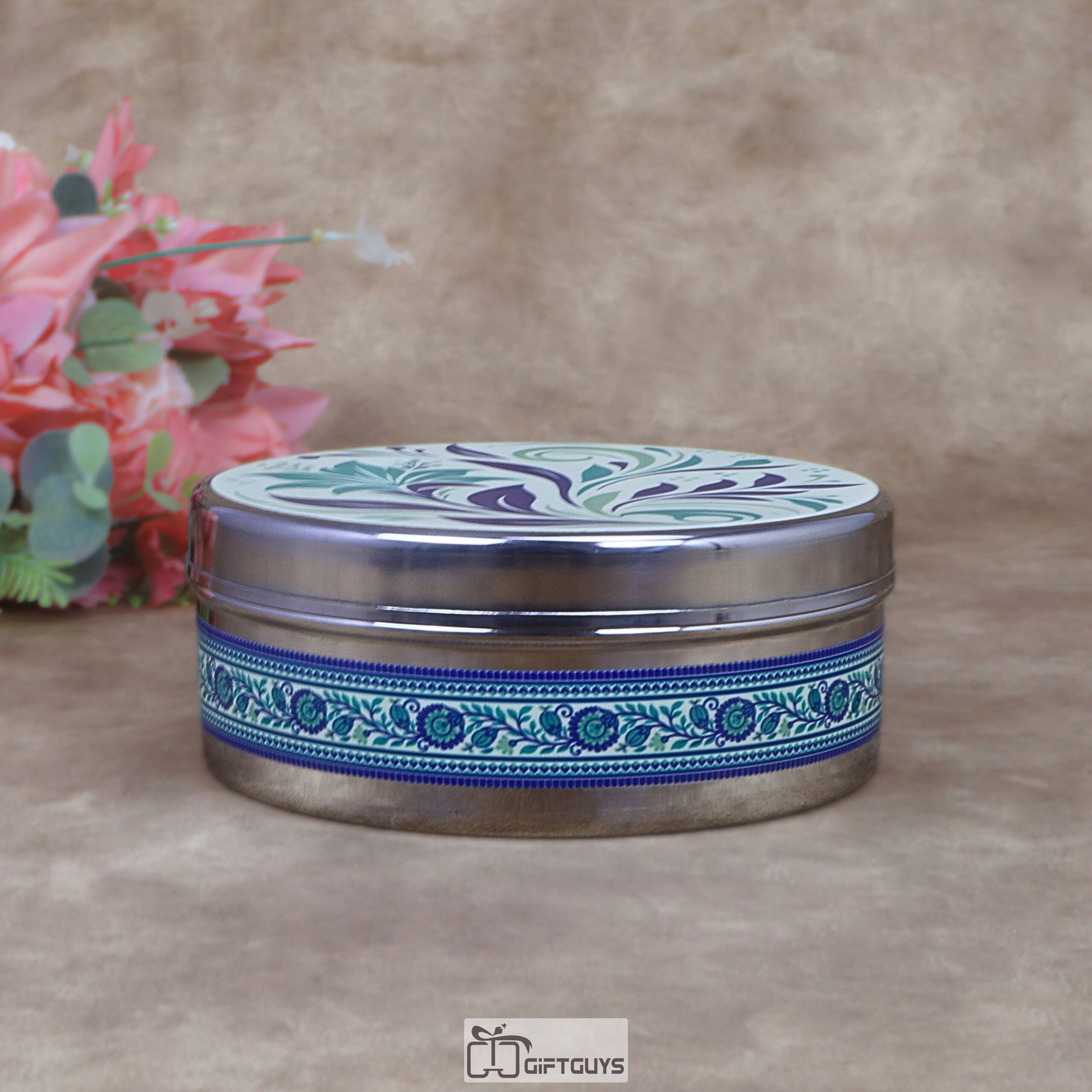 Modern Floral Print Stainless Steel Round Box – 6.5x2.5 Inch Decorative Botanical Gift Box for Sweets, Chocolates & Wedding Favors (320g) - Image 3