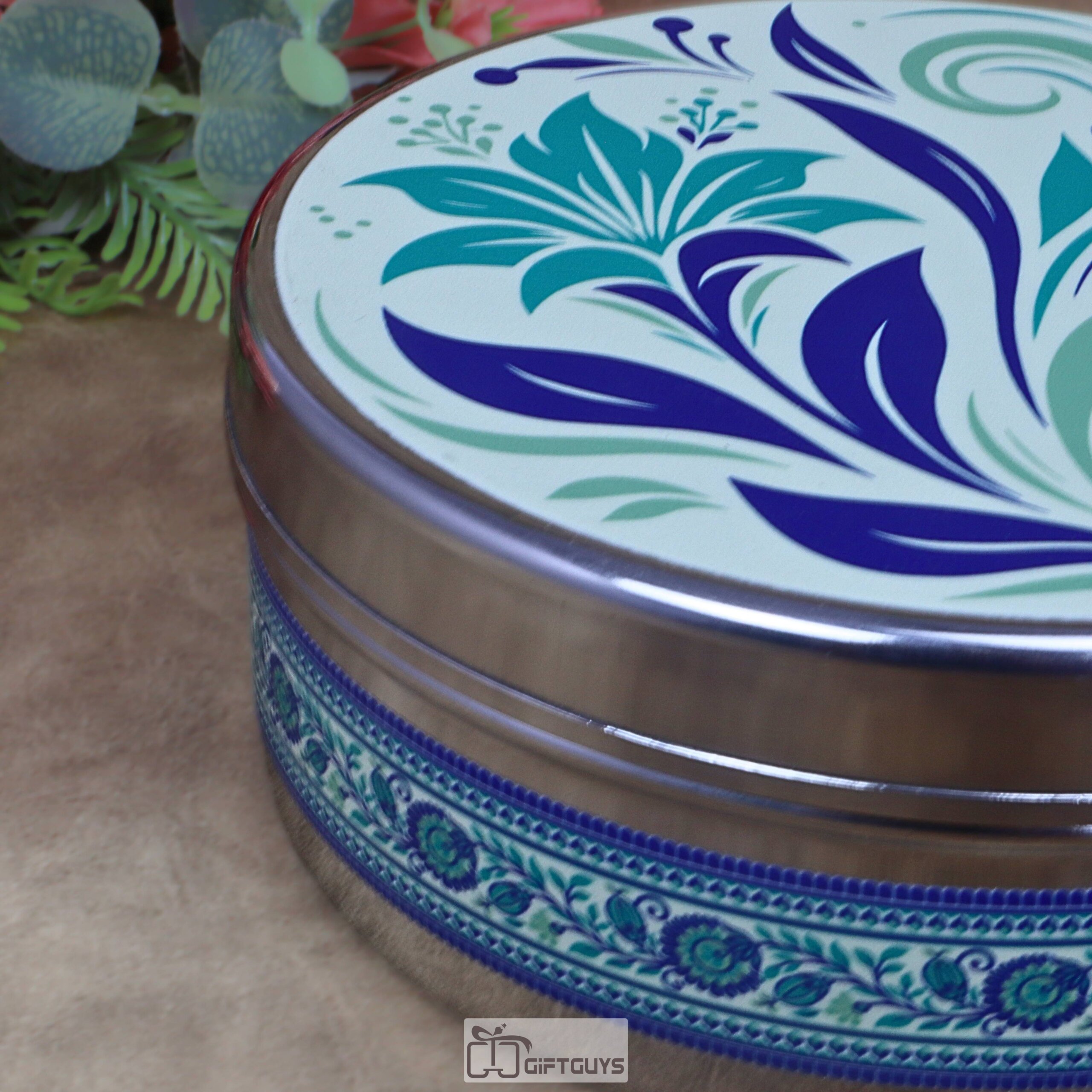 Modern Floral Print Stainless Steel Round Box – 6.5x2.5 Inch Decorative Botanical Gift Box for Sweets, Chocolates & Wedding Favors (320g) - Image 4