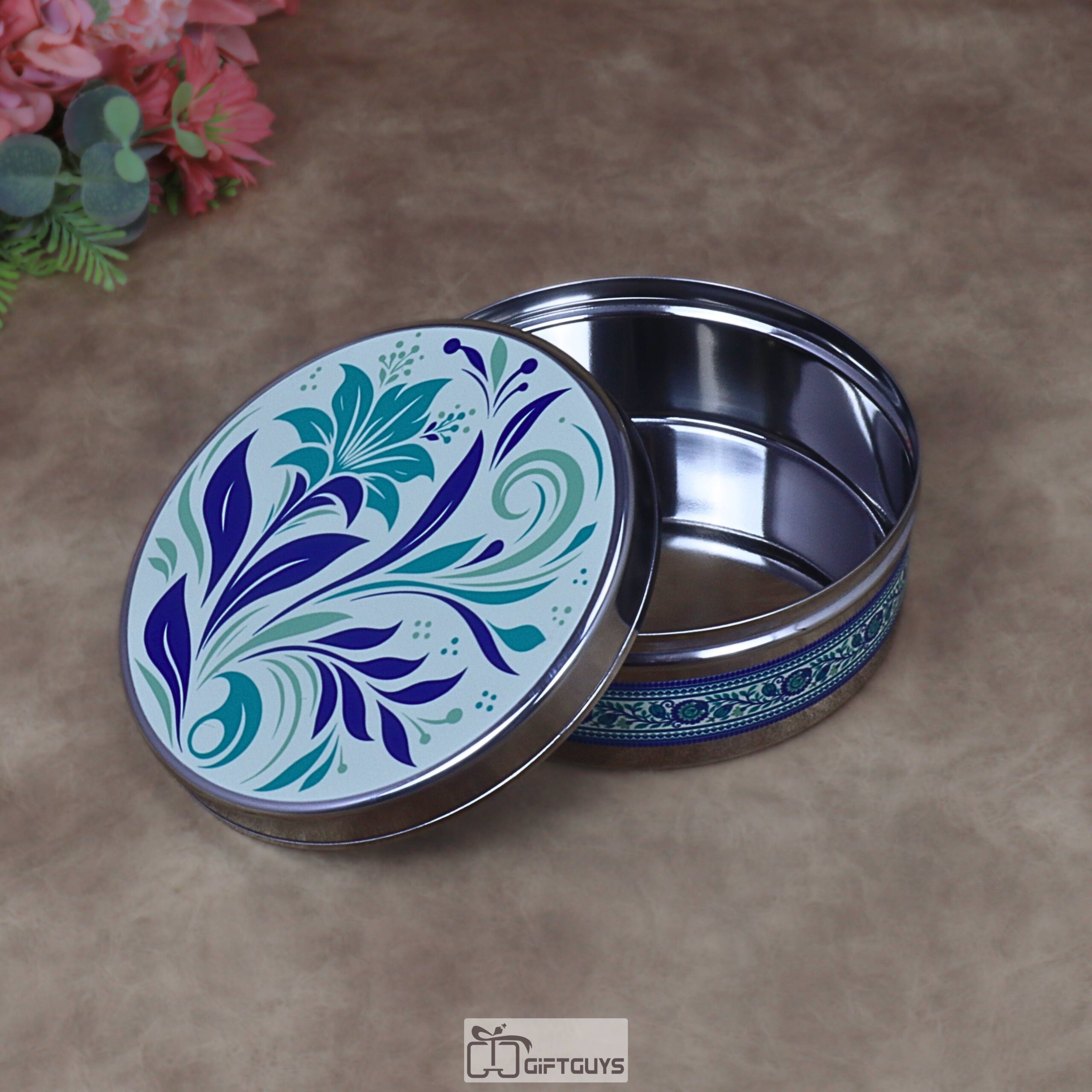 Modern Floral Print Stainless Steel Round Box – 6.5x2.5 Inch Decorative Botanical Gift Box for Sweets, Chocolates & Wedding Favors (320g) - Image 5