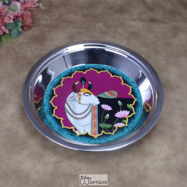 Traditional Kamdhenu Pichwai Print Stainless Steel Parat – 16x2.25 Inch Large Decorative Sacred Art Gifting Vessel for Kitchen & Wedding Favors (800g)