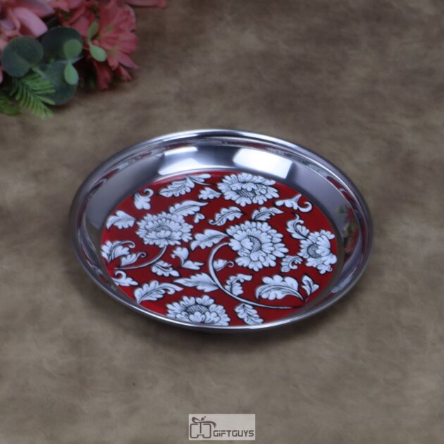 Elegant Crimson Floral Print Stainless Steel Plate – 7x1 Inch Decorative Multi-Purpose Gifting Plate for Sweets, Festive Hampers & Wedding Favors (130g)
