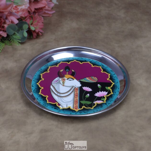 Traditional Kamdhenu Pichwai Print Stainless Steel Plate – 8x1 Inch Decorative Sacred Art Gifting Plate for Sweets & Wedding Favors (170g)