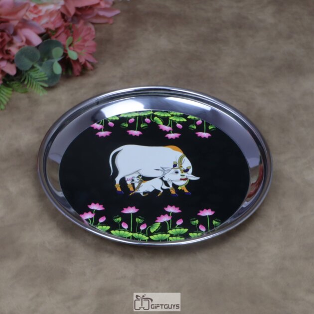 Traditional Kamdhenu Pichwai Print Stainless Steel Plate – 8x1 Inch Decorative Sacred Art Gifting Plate for Sweets & Wedding Favors (170g)