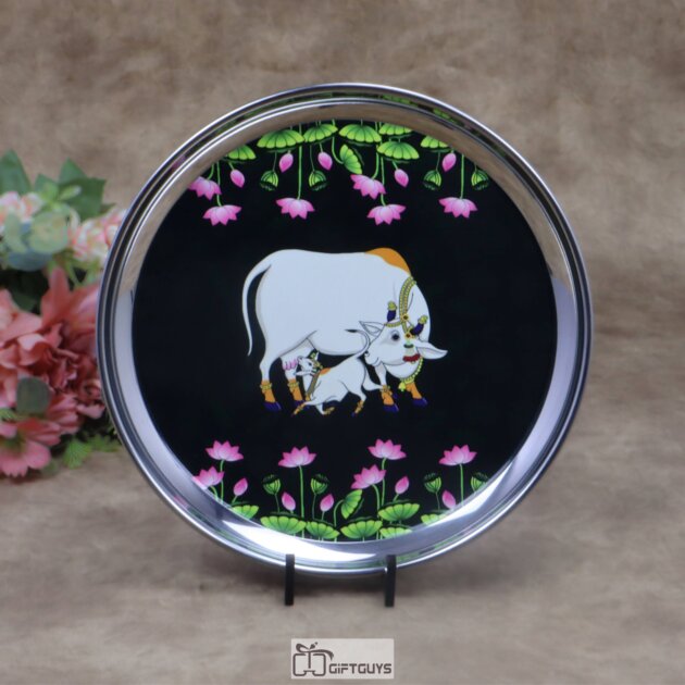 Traditional Kamdhenu Pichwai Print Stainless Steel Plate – 8x1 Inch Decorative Sacred Art Gifting Plate for Sweets & Wedding Favors (170g)