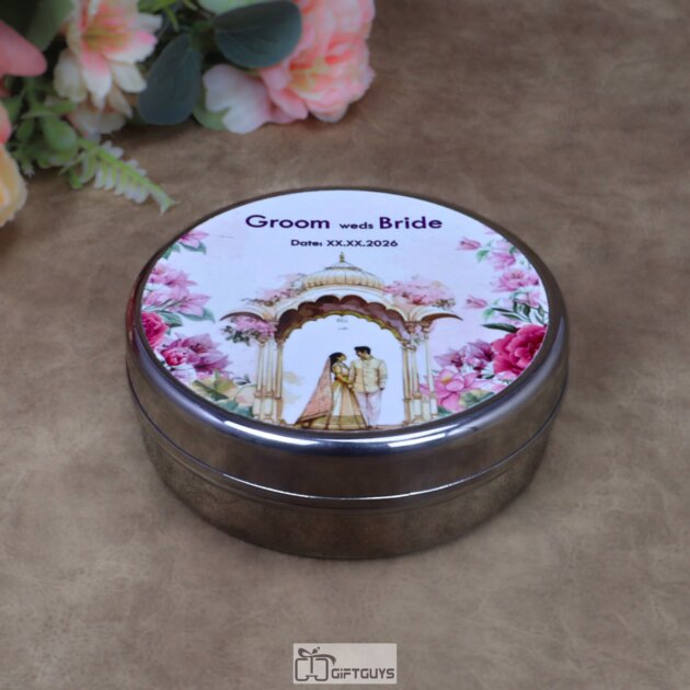 Customizable Wedding Print Stainless Steel Round Box – 5x1.75 Inch Personalized Decorative Gift Box for Sweets, Dry Fruits & Wedding Favors (170g)
