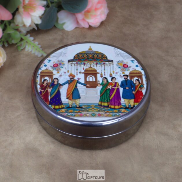Traditional Indian Wedding Scene Print Stainless Steel Round Box – 5x1.75 Inch Decorative Festive Gift Box for Sweets, Dry Fruits & Wedding Favors (170g)