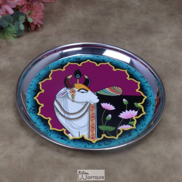 Traditional Kamdhenu Pichwai Print Stainless Steel Plate – 9x1 Inch Decorative Sacred Art Gifting Plate for Sweets & Wedding Favors (210g)